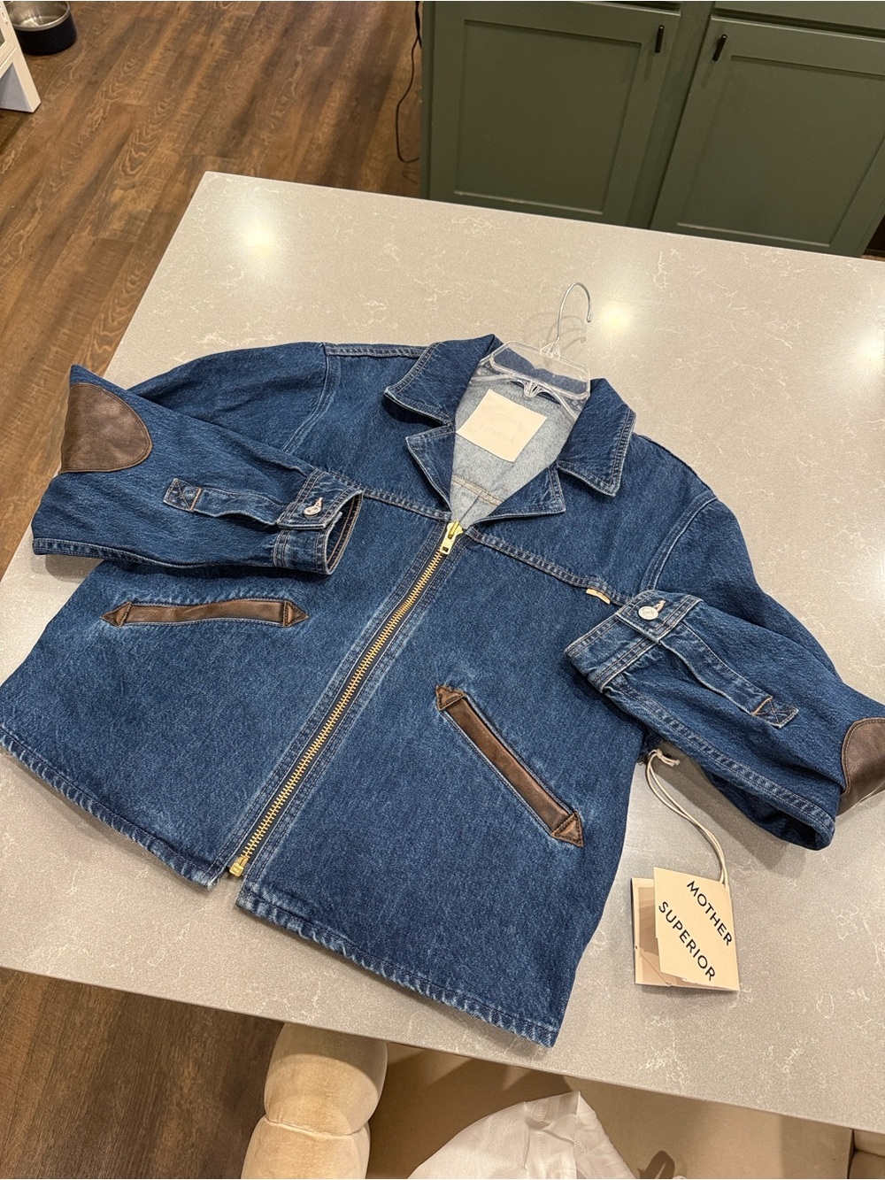 MOTHER Blue Denim Zip-Front Jacket with Brown Elbow Patches